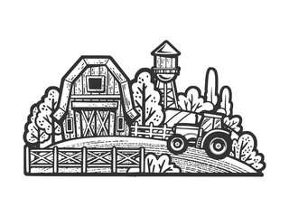 farm countryside landscape sketch engraving raster illustration. T-shirt apparel print design. Scratch board imitation. Black and white hand drawn image.