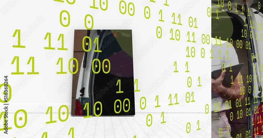 Poster animation of data processing over delivery man next to a car