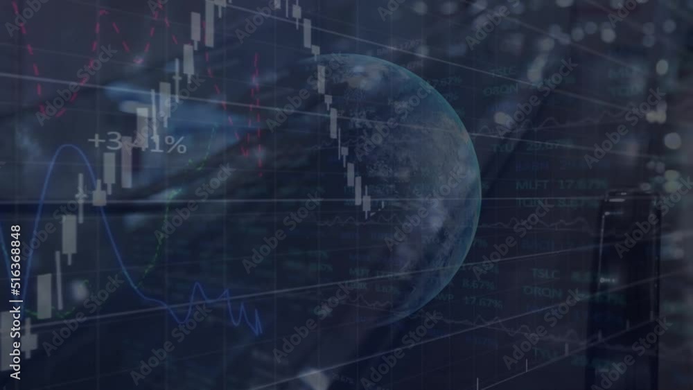 Poster animation of financial data processing over dark background
