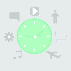 time management in the form of a green clock around which icons of things to do