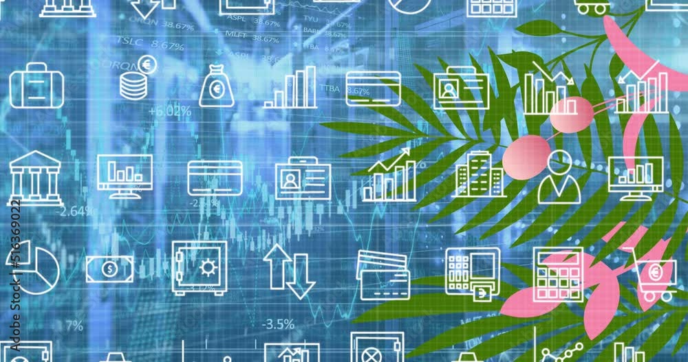 Poster animation of falling icons and leaves over data processing