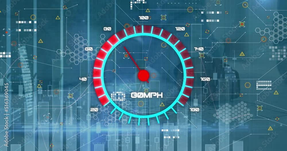 Poster animation of speedometer over data processing