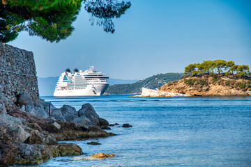 Cruise ship approaching island port