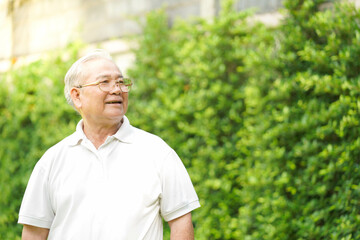 Naklejka na ściany i meble Portrait of happy senior Asian man relaxing and breathing fresh air with sunlight in outdoors park Elderly man enjoying a day in the park on summer Healthcare lifestyle and wellness