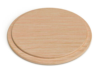 ピザを乗せる円い木のお皿。3Dレンダリングされた円形の寄木細工のトレイ。