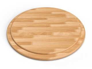 ピザを乗せる円い木のお皿。3Dレンダリングされた円形の寄木細工のトレイ。