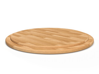 ピザを乗せる円い木のお皿。3Dレンダリングされた円形の寄木細工のトレイ。