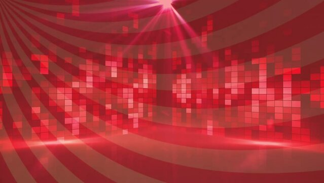 Animation of purple shapes and stripes over red disco lights
