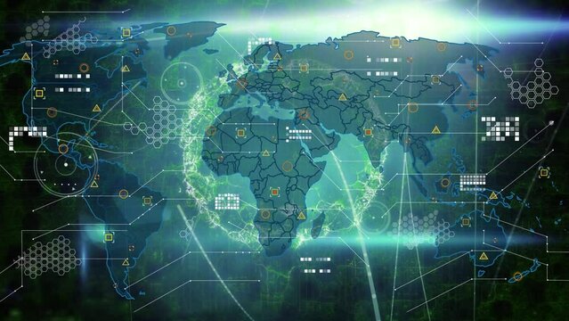 Animation of icons, brain, world map and lights on black background