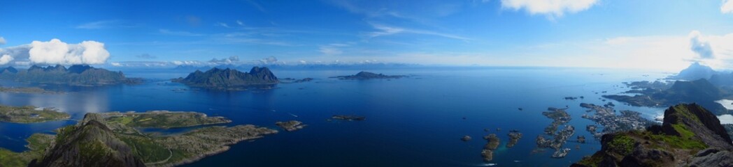 Aerial panoramic shot of Lofoten archipelago surrounded by water in Norway