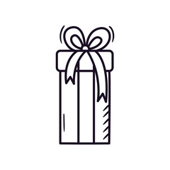 Outline icon of a gift box with ribbon. Birthday party, anniversary, christmas present. Hand drawn doodle illustration. Lineair sketch element