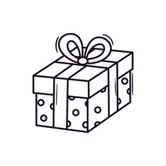 Outline icon of a gift box with ribbon. Birthday party, anniversary, christmas present. Hand drawn doodle illustration. Lineair sketch element