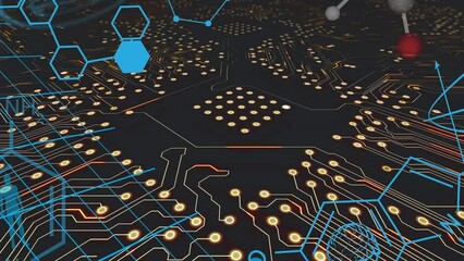 Animation of chemical formula over computer circuit board on black background - Powered by Adobe