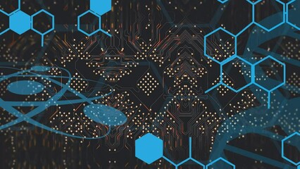 Animation of chemical formula over computer circuit board on black background - Powered by Adobe