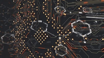 Animation of chemical formula over computer circuit board on black background - Powered by Adobe