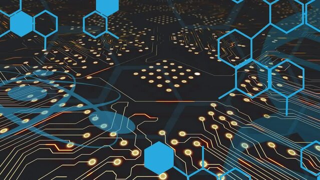 Animation of chemical formula over computer circuit board on black background - Powered by Adobe