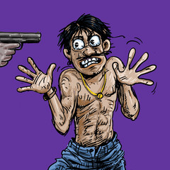 A man in fear raised his hands from a gun pointing at him.