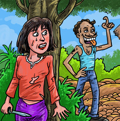 In the cartoon, a woman run and hides behind a tree from the criminal.