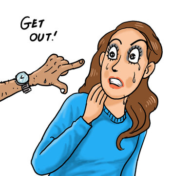 The illustration of a man who pointed his finger at a woman shouted "get out!"
