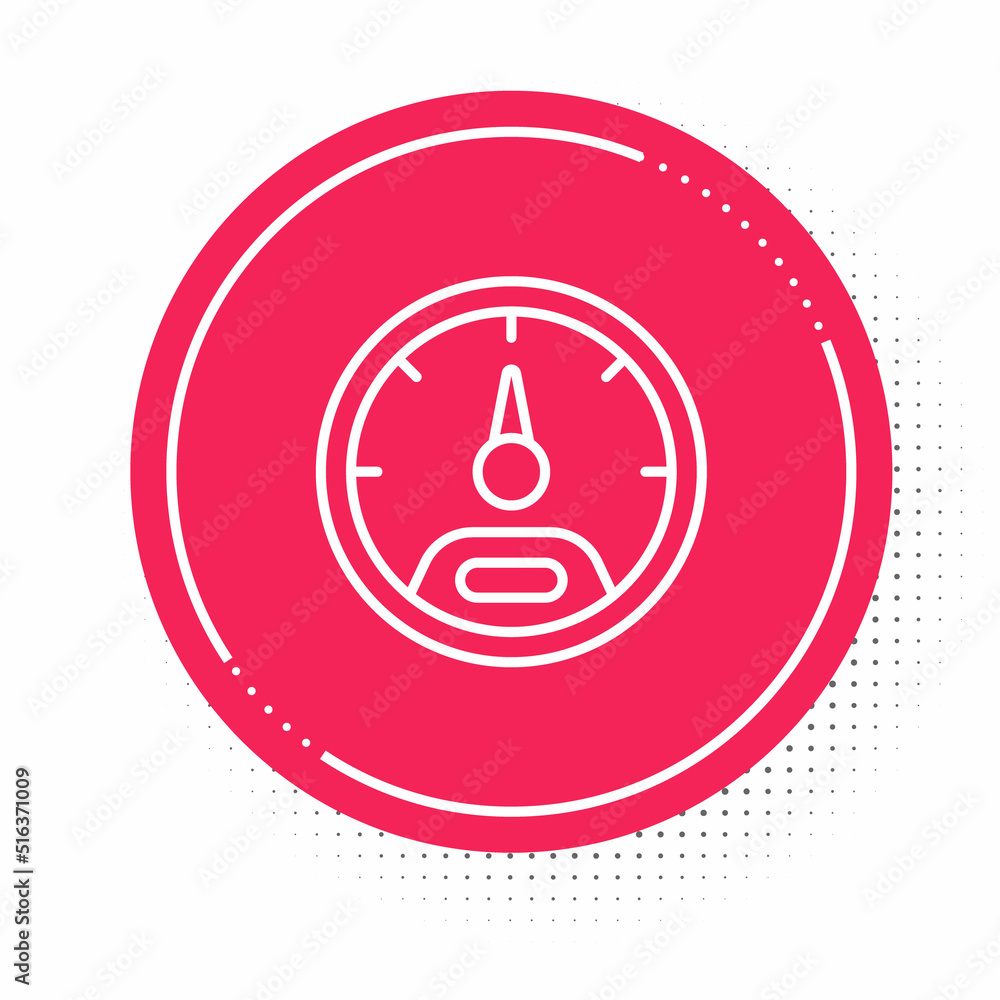 Poster white line speedometer icon isolated on white background. red circle button. vector