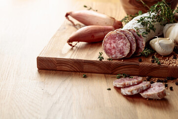 Traditional dry-cured sausage with thyme, garlic, onion, and spices.