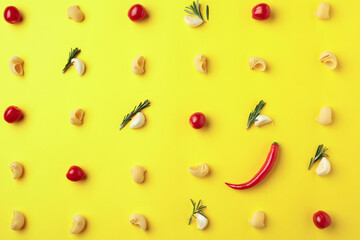 Pasta lumaconi with pepper, garlic, tomato, and rosemary.