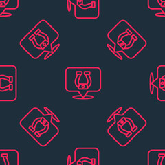 Red line Horseshoe icon isolated seamless pattern on black background. Vector