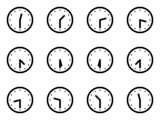 12 hour set of simple clock icons showing 30 minutes each hour