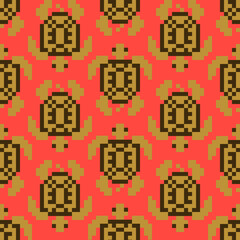 Turtle symbol seamless background. Pixel ornament, amulet. Vector pattern