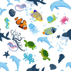 Naklejka premium Sea inhabitants seamless pattern, beautiful character among seashells, seaweed, starfish, sea animals wildlife