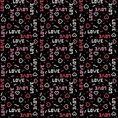 Love Seamless vector background with hearts and words. Pixel texture for textile design or gift paper