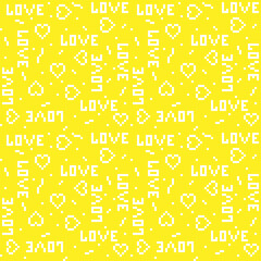 Seamless geometric vector pattern with hearts and words Love. Pixel texture for textile design or gift paper