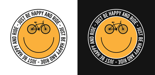 Bicycle t-shirt design with emoji smile and slogan. Bike tee shirt set with smile. Sport apparel print. Vector illustration.