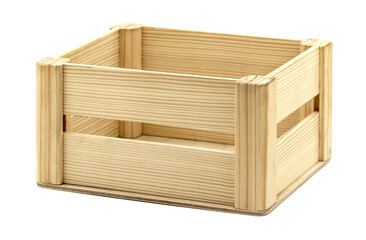 Wooden box for storing and transporting products on a white isolated background