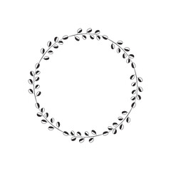 Simple wreath with twigs and leaves of a round shape, black and white. Floral frame, minimalistic design. Plant border made of abstract branches. Vector illustration isolated on white background.