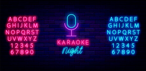 Karaoke night neon sign. Shiny blue and pink alphabet. Microphone icon. Light promotion banner. Vector illustration