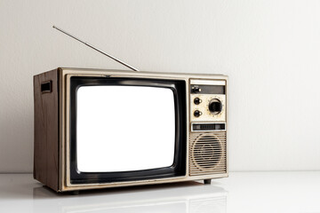 Vintage old television with cut out screen on white table and antenna in front of white wall background.