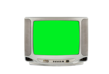 Silver analog old TV with green screen with clipping path isolated on white background.