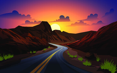 sunset in the mountains with empty road