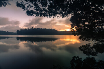 Serene view of a lake during sundown captured using long exposure with perfect reflection