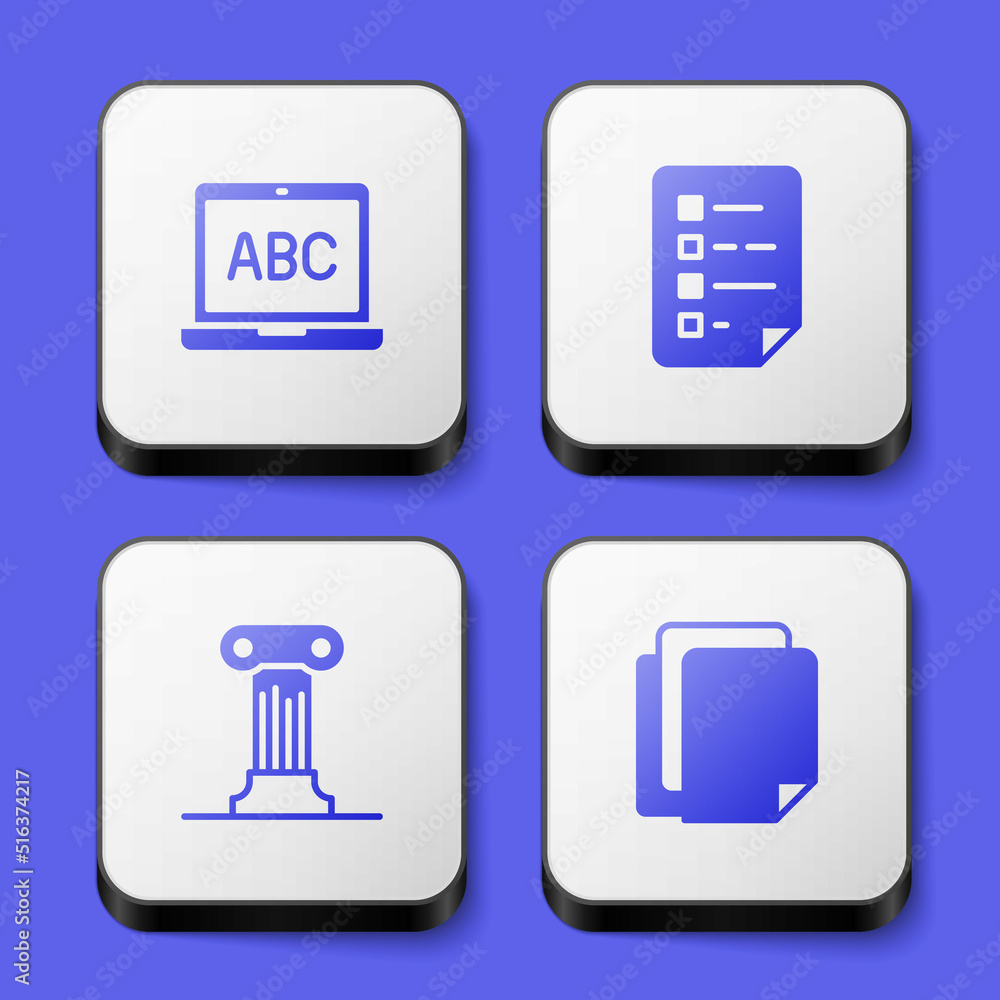 Poster set laptop, clipboard with checklist, law pillar and file document icon. white square button. vector