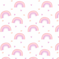 Seamless Pattern with rainbow,hearts and crown.Hand drawn pattern for fabric, wallpaper, clothes, swaddles, apparel, planner, sticker.Vector illustration