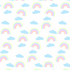 Colorful rainbow seamless pattern with clouds isolated white background. Hand drawn texture for fabric, wrapping, textile, wallpaper, apparel. Vector illustration