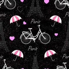 French seamless pattern. Print with eiffel tower, bicycle, umbrellas, hearts and spray. © Vitalii_ART