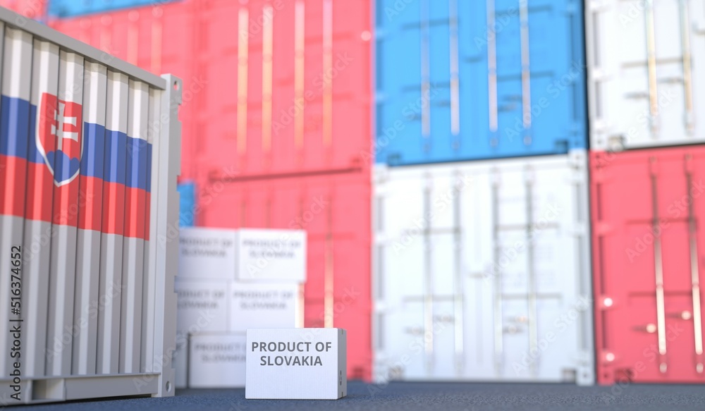 Poster box with product of slovakia text and cargo containers. 3d rendering