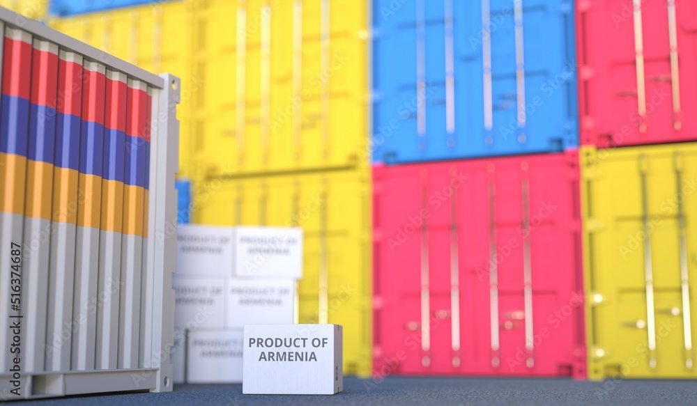 Aufkleber box with product of armenia text and cargo containers. 3d rendering
