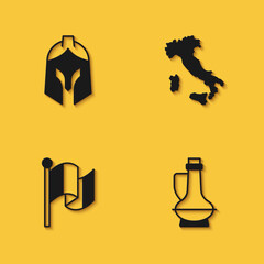 Set Roman army helmet, Bottle of olive oil, Flag Italy and Map icon with long shadow. Vector