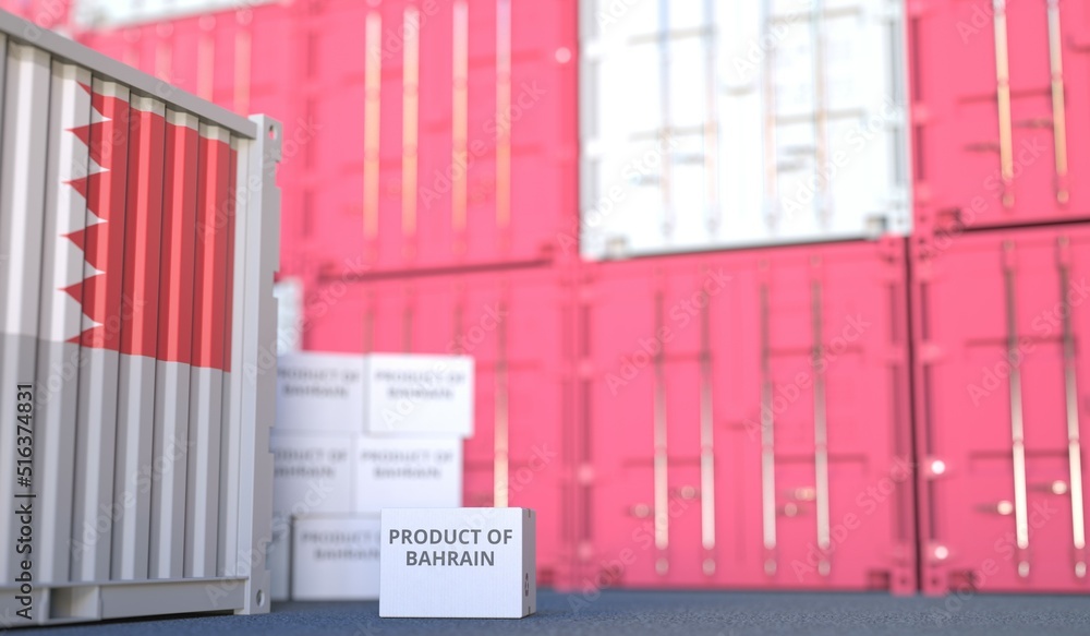Poster product of bahrain text on the cardboard box and cargo terminal full of containers. 3d rendering