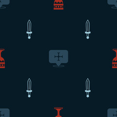 Set Medieval goblet, Crusade and sword on seamless pattern. Vector