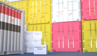 Box with PRODUCT OF EGYPT text and cargo containers. 3D rendering
